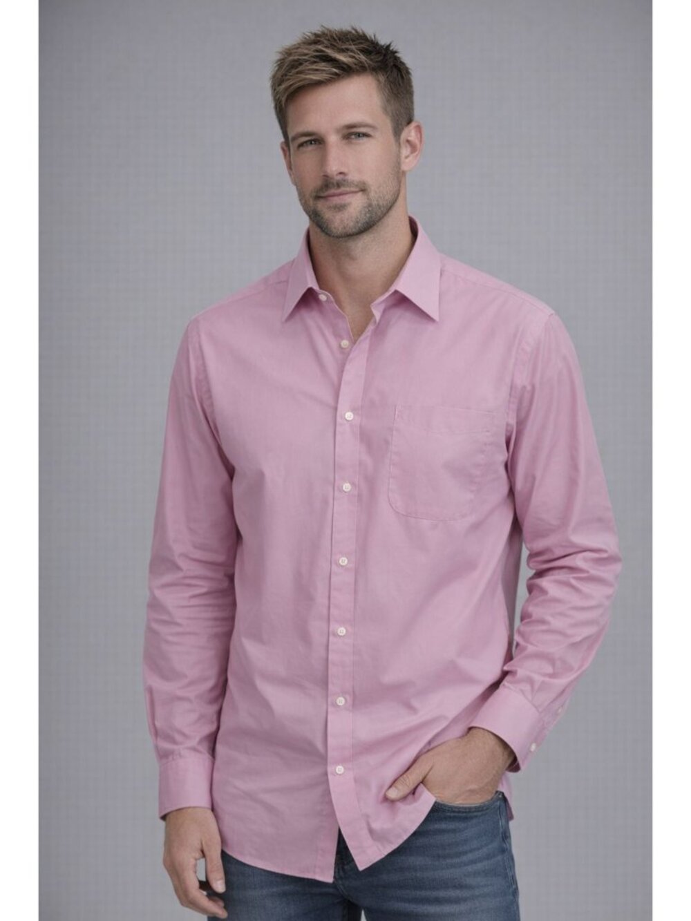 Bergamo New york Dress Shirt Mens Medium Pink  Collared Button Up Long Sleeve